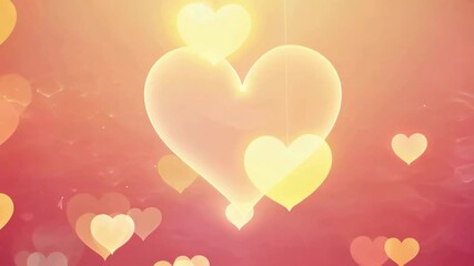 Romantic, warm abstract background loop with large, glowing heart shapes floating and fading on a soft red/orange backdrop, suitable for love themes - Powered by Adobe