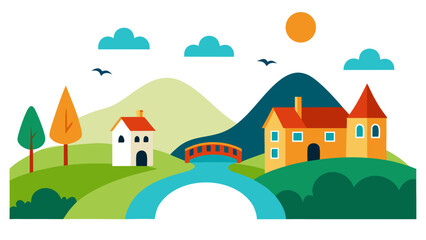 Charming village landscape with houses bridge and river