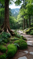 Ancient Gnarled Tree Trunk Overgrown with Moss and Lush Green Foliage Beside a Stone Path in a Serene Forest Landscape with Distant Mountains and Soft Sunlight Filtering Through the Canopy