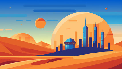 Futuristic alien city on a desert planet with two suns