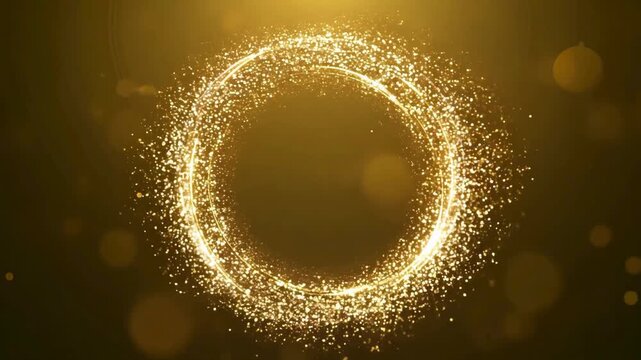 Luxurious abstract animation of shimmering golden particles spiraling rapidly to form a dynamic circle frame, perfect for logo reveals or titles