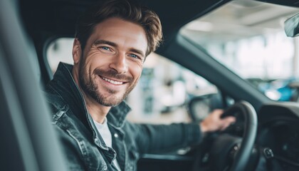 Ecstatic White Man Celebrates Purchasing New Luxury Electric Crossover Car In Auto Showroom. Sitting Inside Cab, Feeling Overjoyed With Loan Approval.