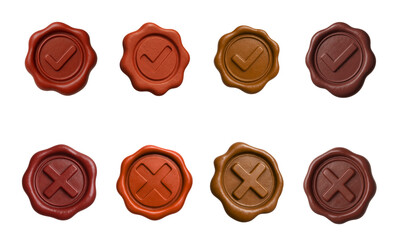Wax seal icons with checks. Seal set shows approval and reject in red and brown tones, glossy texture and embossed detail, isolated on transparent background as set for quality control and branding