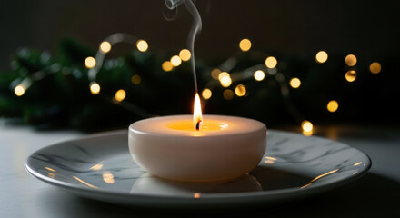 A lit, round candle on a marble plate emits a gentle flame as faint smoke rises, with glowing fairy lights softly blurred in the background.