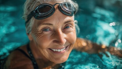 Fototapeta premium Active Retiree Enjoys Swimming On A Sunny Day, Smiling Out Of The Pool With Swimming Goggles And Cap In Hand.