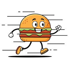 Happy cartoon burger running fast with speed lines
