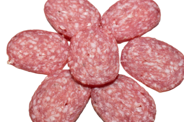 Dry-cured pork sausage cut into thin slices lies on a PNG background.
