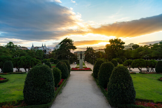 Parterre Gardens in Retiro Park, Madrid, Spain offer geometric beauty at sunset. The sculpted trees and historic layout reflect 18th-century French influence, with sunlight glowing behind the skyline