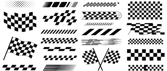 AdoBlack and white checkered pattern set with racing flags, speed effects, automotive graphic elements for car decals, motorsport illustration pack, finish line icons, high-energbe Illustrator Artwork