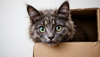 Curious Grey Cat with Bright Blue Eyes Peeking Out of a Cardboard Box Indoors