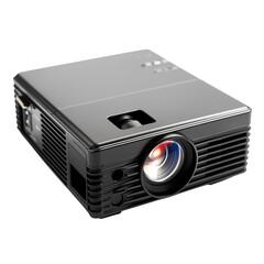 Sleek mini projector on white; compact projector shows bright lens glare, black matte body, portable projector for home cinema, office presentation, travel nights, clean background, modern tech vibe