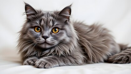 Majestic Maine Coon Cat with Fluffy Grey Fur and Striking Orange Eyes Lying on Soft Surface