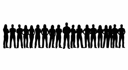 Silhouette of a diverse group of people standing together in a line against a white background image