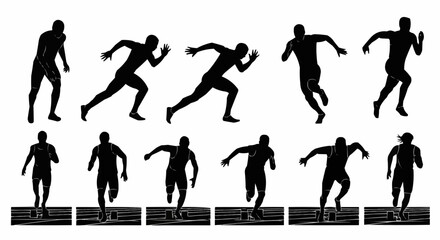 Naklejka premium Silhouette images showing runners in various stages of a race on a white background in black color