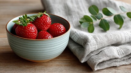 Close up daylight flat lay of vibrant red ripe strawberries in a light blue ceramic bowl on a rustic wooden surface with a textured grey cloth and green eucalyptus leaves on the side