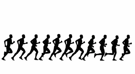 A series of silhouettes depicting a person running in a repeating pattern against a white background
