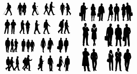 Silhouettes of people in various poses including walking standing and carrying briefcases and bags shown