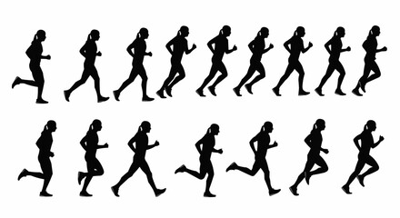 Silhouette sequence showing a woman running through a series of frames on a white background action shot
