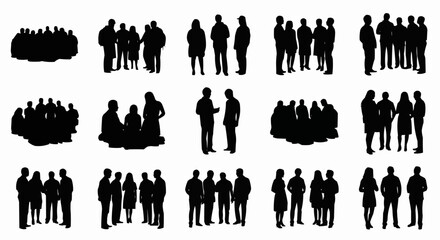 Silhouette illustrations of various groups of people standing and interacting with each other in black