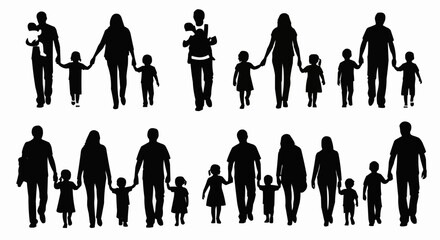 Silhouettes of families walking together with parents holding hands with their children in black and white