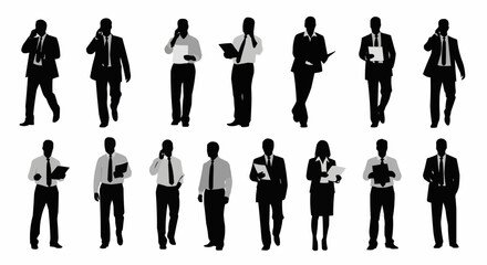 Silhouettes of business people in suits walking and talking on phones and holding documents in black and white