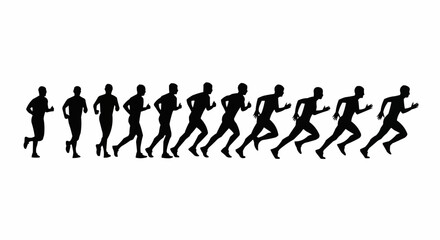 Silhouette sequence of runners in motion showing different stages of a running stride on a white background