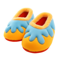 Playful blue yellow slippers for kids; slippers feature soft fleece body with sky panels and sunny base; slippers rest on white background for product listing, cheerful gift idea, cozy winter theme