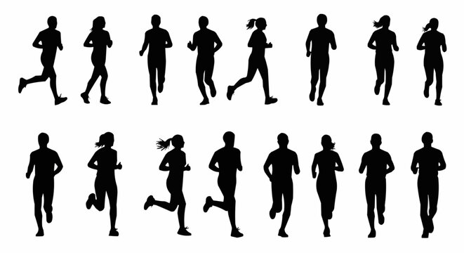 Silhouette illustration of many people running in a race or marathon in a black and white color scheme