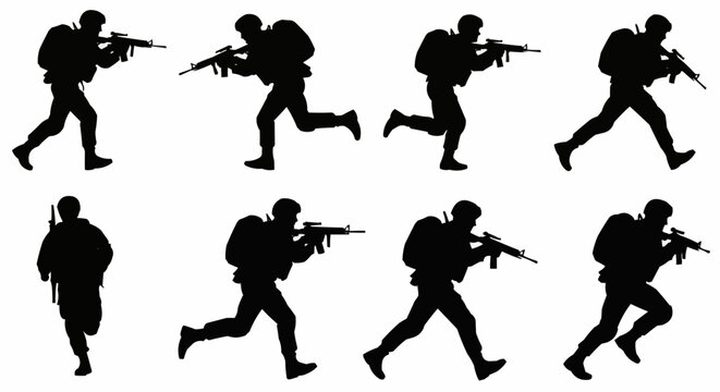 Silhouettes of soldiers running with rifles and backpacks in a military operation training exercise