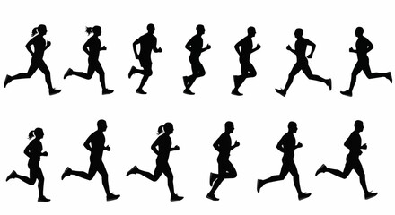 Silhouette illustration of people running in a row on a white background in a side view position