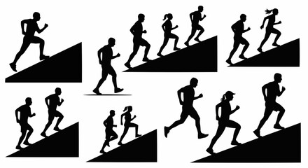 Silhouettes of people running uphill and on flat surfaces in a dynamic black and white composition