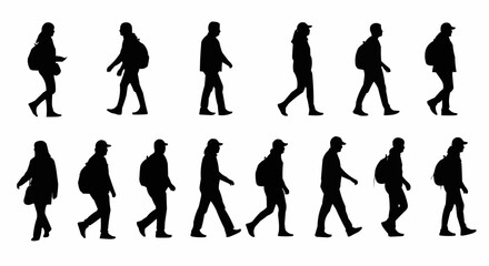 Naklejka premium Silhouettes of people walking with backpacks and bags in various poses and styles on a white background