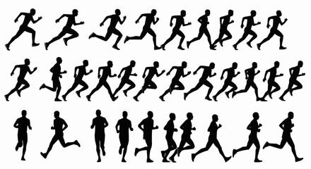 Silhouette illustrations of runners in various poses on a white background showing motion and athleticism