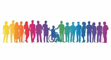 Silhouette of diverse people in rainbow colors standing together in a horizontal line on a white background