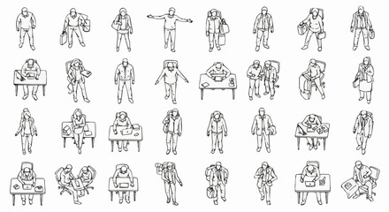 Obraz premium Overhead view of various people in different poses and activities sketched in black and white outlines