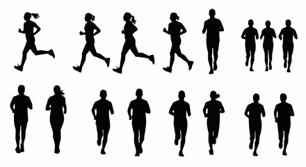 Silhouette collection of people running and jogging in various poses on a white background image art
