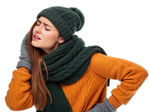 "Winter Aches: Woman Feeling Neck and Back Pain"