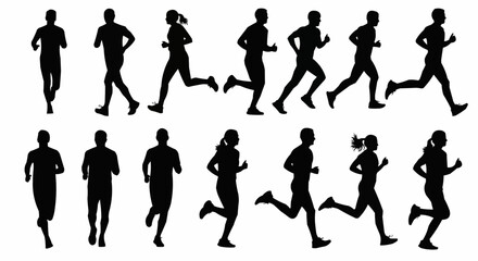 Silhouette illustration showing multiple people running in various poses and stages of motion