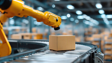 Industrial robotic arm sorting cardboard box conveyor belt modern warehouse with blurred storage racks and bokeh lighting, efficient automated