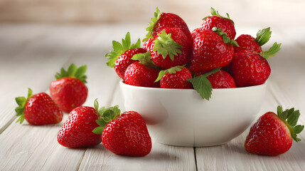 White bowl of ripe red strawberries on wooden background