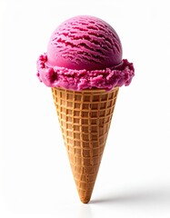 Pink Ice Cream Single Scoop in Waffle Cone on White Background