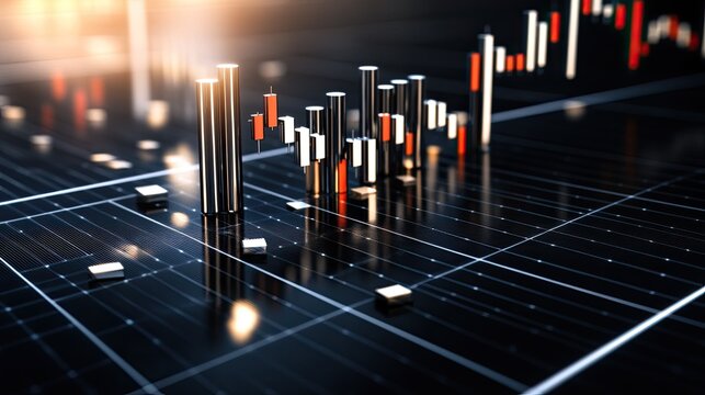 Sunset illuminates solar panels and wind turbines, symbolizing renewable energy in a dynamic stock market landscape