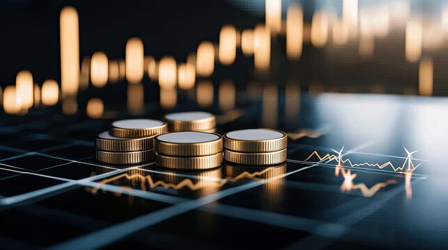Sunset illuminates solar panels and wind turbines, symbolizing renewable energy in a dynamic stock market landscape