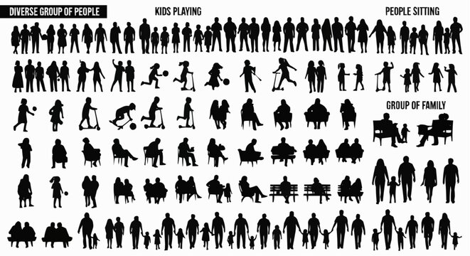 Silhouette illustration of diverse people kids playing people sitting and groups of family members in black