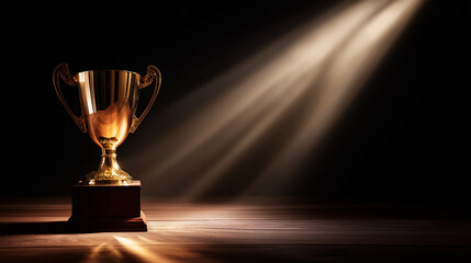 elite. A shining gold trophy on a velvet podium with dramatic spotlight. event key visuals, club posters, designed for fitness apps and gym onboarding, drives event promotion.