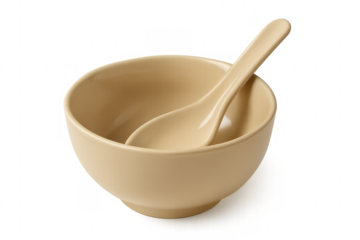 Empty beige ceramic bowl with soup spoon