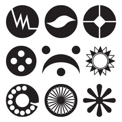 Abstract black and white circular designs with varying geometric patterns