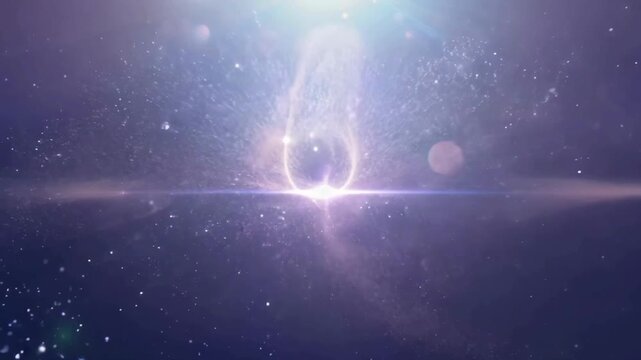 Ethereal space animation of a bright central light expanding and contracting, surrounded by glowing purple/blue particle ribbons in a star-filled background