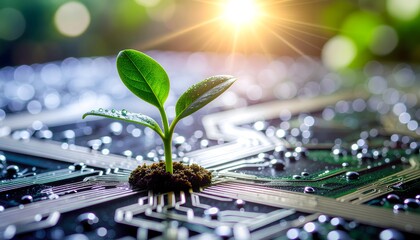 Plant Growing from PCB Traces in Futuristic Light