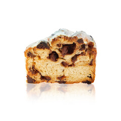 Half of the Cruffin with marzipan and chocolate on a white background